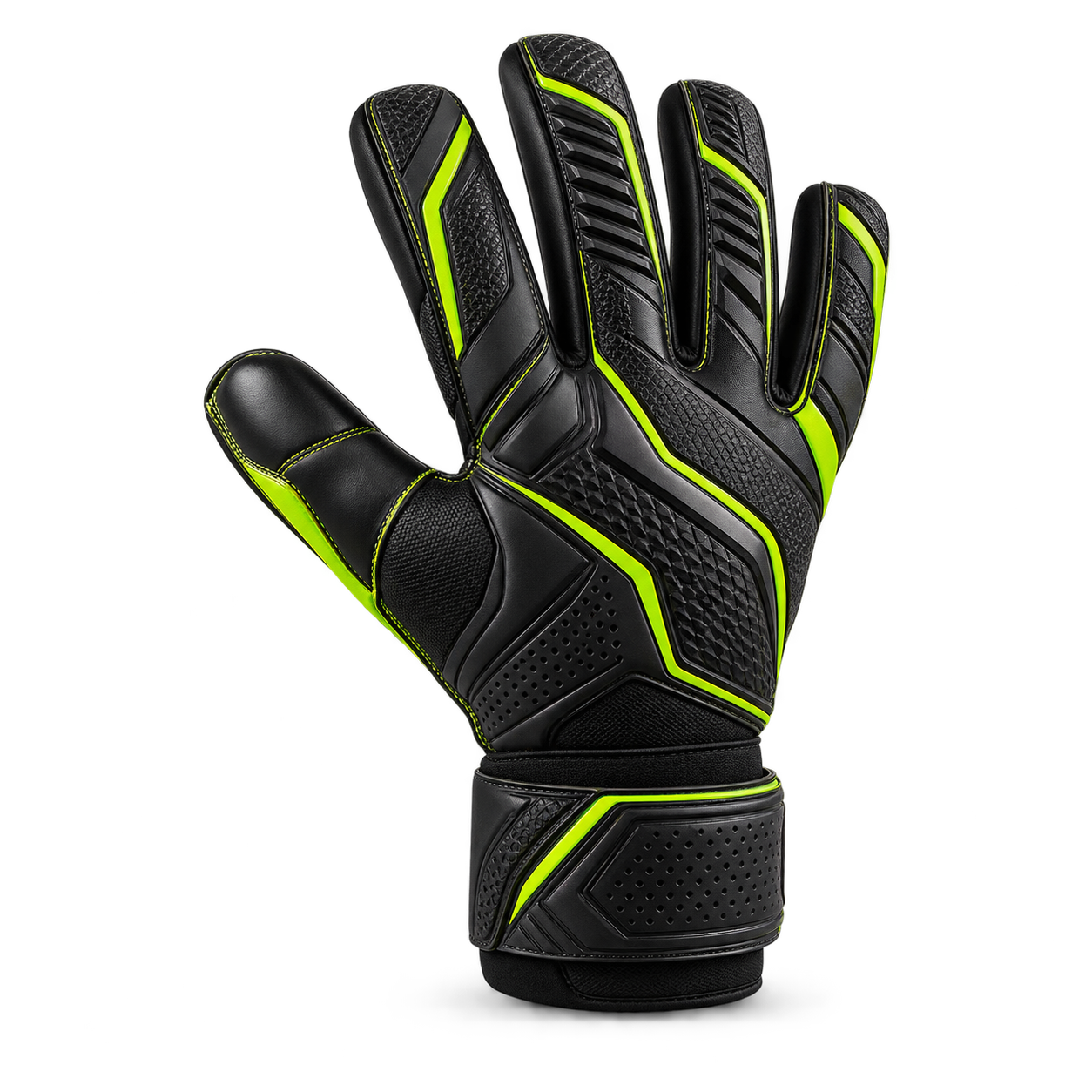 Luva profissional de goleiro preta com detalhes verde-limão